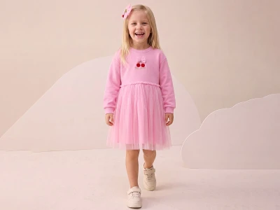 Toptan BUPPER Çilek Nakışlı 3 İplik Elbise PEMBE - Beniz Bebe