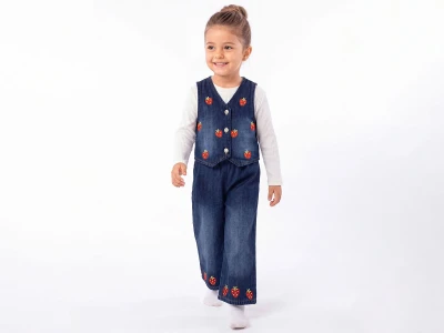 Toptan ÇİLEK BEBE Çilek Nakışlı Kot Yelekli Üçlü Kız Takım - Toptan Çocuk Giyim Beniz Kids