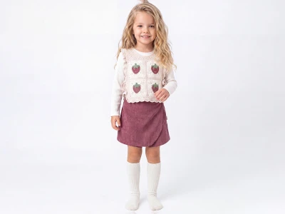 Toptan ÇİLEK BEBE Çilek Nakışlı Şort Etekli Üçlü Kız Takım - Toptan Çocuk Giyim Beniz Kids