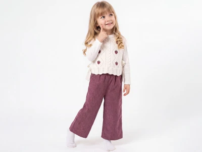 Toptan ÇİLEK BEBE Çilek Nakışlı Üçlü Kız Takım MÜRDÜM - Beniz Bebe