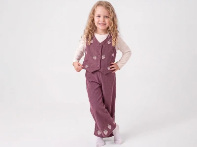 Toptan ÇİLEK BEBE Çilek Nakışlı Yelekli Üçlü Kız Takım Сушеная роза - Beniz Bebe