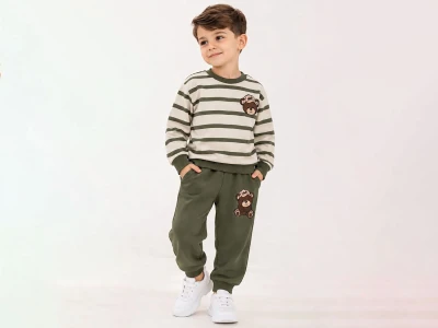 Toptan BICIR KİDS Çizgi Desenli Ayıcık Baskılı Erkek Takım  - Toptan Çocuk Giyim Beniz Kids