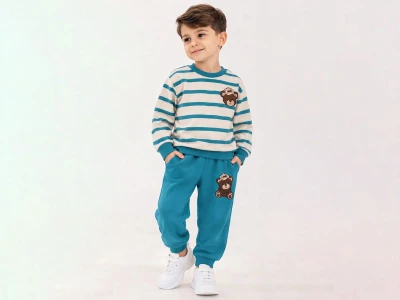 Toptan BICIR KİDS Çizgi Desenli Ayıcık Baskılı Erkek Takım  BLUE - Beniz Bebe