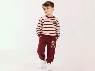 Toptan BICIR KİDS Çizgi Desenli Ayıcık Baskılı Erkek Takım  Burgundy - Beniz Bebe