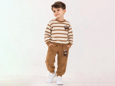Toptan BICIR KİDS Çizgi Desenli Ayıcık Baskılı Erkek Takım  Brown - Beniz Bebe