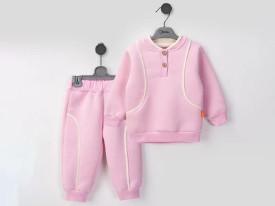 Toptan BEYAZ BEBEK Çizgi Desenli Düğmeli 3 İp Şardonlu Kız Bebe Takım  PEMBE - Beniz Bebe