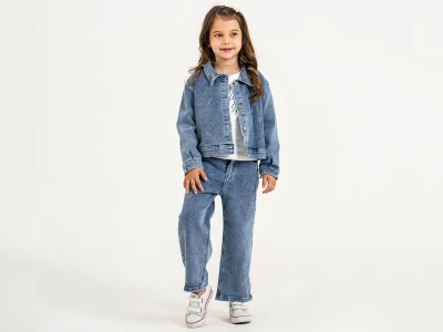 Toptan PAMPAL KİDS Çizgi Desenli Düğmeli Kot Ceketli Kız Üçlü Takım  - Toptan Çocuk Giyim Beniz Kids