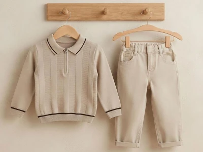 Toptan WEENY KİDS Çizgi Desenli Fermuarlı Trikolu Erkek Takım  BEJ - Beniz Bebe