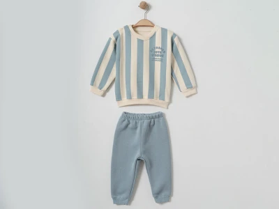 Toptan ÇITIR KİDS Çizgi Desenli Şardonlu 3 İp Erkek Bebek Takım MAVİ - Beniz Bebe