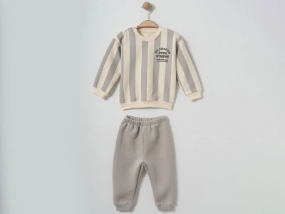 Toptan ÇITIR KİDS Çizgi Desenli Şardonlu 3 İp Erkek Bebek Takım GRİ - Beniz Bebe