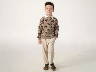 Toptan LESSOTTO Çizgi Desenli Triko Kazaklı Gömlekli Erkek Üçlü Takım  - Toptan Çocuk Giyim Beniz Kids