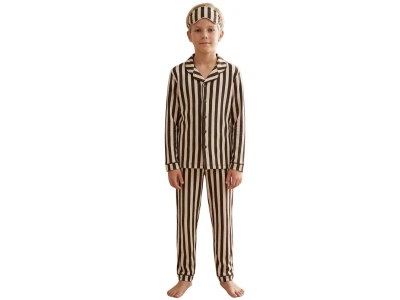 Toptan ARB Çizgi Desenli Unisex Pijama Takım  KAHVERENGİ - Beniz Bebe