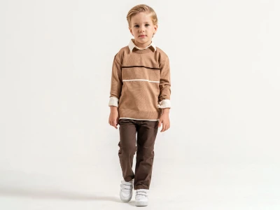 Toptan YAVRUCAK Çizgi Detay 3'lü Erkek Çocuk Takım Light Brown - Beniz Bebe
