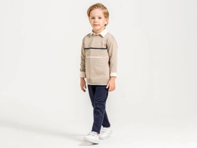 Toptan YAVRUCAK Çizgi Detay 3'lü Erkek Çocuk Takım Beige - Beniz Bebe