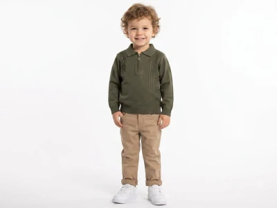Toptan WEENY KİDS Çizgi Detaylı Fermuarlı Trikolu Erkek Takım  YEŞİL - Beniz Bebe