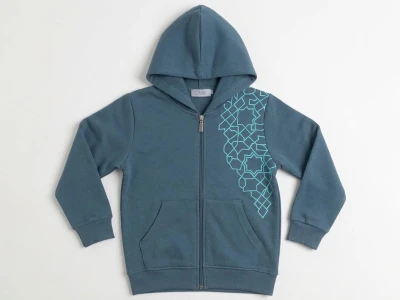 Toptan CMK Çizgi Detaylı Kanguru Cepli Kapşonlu Erkek Hırka  PETROL MAVİSİ - Beniz Bebe