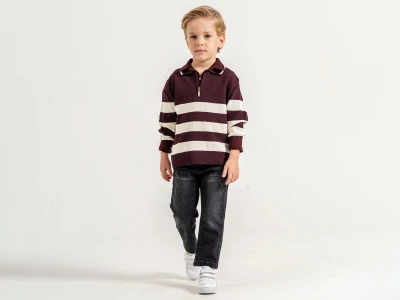 Toptan YAVRUCAK Çizgili 3'lü Erkek Çocuk Takım Burgundy - Beniz Bebe