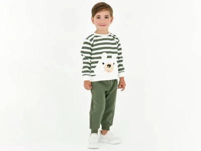 Toptan BICIR KİDS Çizgili Ayıcık Baskılı Erkek Takım  - Toptan Çocuk Giyim Beniz Kids
