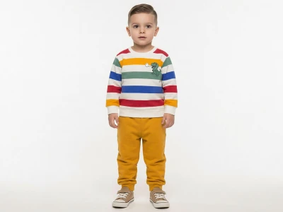 Toptan KARACON Çizgili Dino Baskılı Erkek Takım  - Toptan Çocuk Giyim Beniz Kids