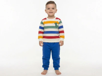 Toptan KARACON Çizgili Dino Baskılı Erkek Takım  MAVİ - Beniz Bebe