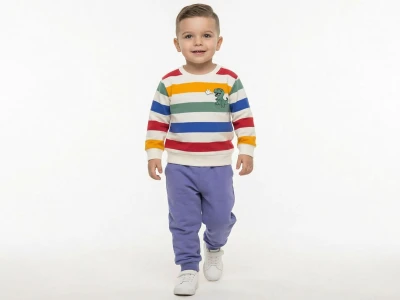 Toptan KARACON Çizgili Dino Baskılı Erkek Takım  LİLA - Beniz Bebe