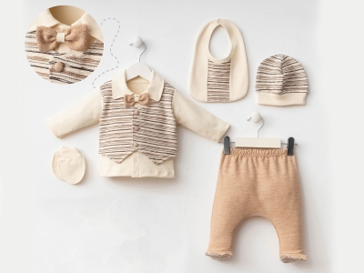 Toptan MİNİZEYN Çizgili Erkek Bebe  5li Set Beige - Beniz Bebe