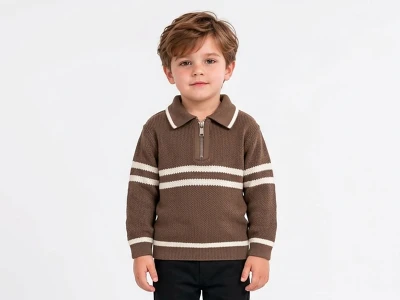 Toptan TOLGA KİDS Çizgili Erkek Çocuk Sweat KAHVERENGİ - Beniz Bebe