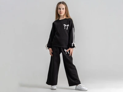 Toptan PAMPAL KİDS Çizgili Fiyonk Detaylı 3 İp Şardonlu Kız Takım  - Toptan Çocuk Giyim Beniz Kids