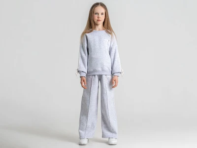 Toptan PAMPAL KİDS Çizgili Fiyonk Detaylı 3 İp Şardonlu Kız Takım  Grey - Beniz Bebe