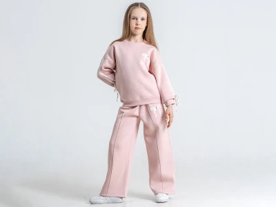 Toptan PAMPAL KİDS Çizgili Fiyonk Detaylı 3 İp Şardonlu Kız Takım  Pink - Beniz Bebe