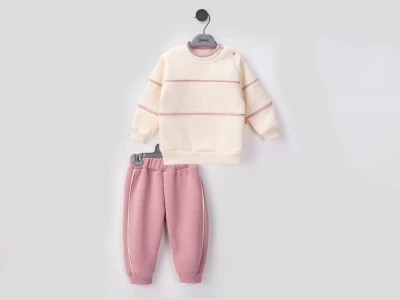 Toptan BEYAZ BEBEK Çizgili Şardonlu 3 İp Kız Bebek Takım PEMBE - Beniz Bebe