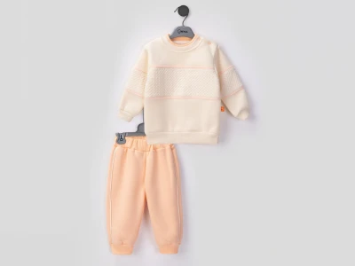 Toptan BEYAZ BEBEK Çizgili Şardonlu 3 İp Kız Bebek Takım PUDRA - Beniz Bebe