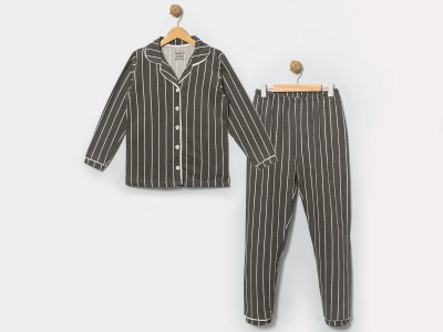 Toptan DOLAŞ Çizgili Yakalı Erkek Bebe Pijama Takım  Smoked - Beniz Bebe