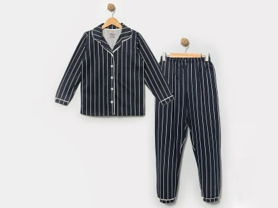 Toptan DOLAŞ Çizgili Yakalı Erkek Pijama Takım Navy blue - Beniz Bebe