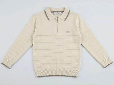 Toptan METEX Çizgili Yakalı Fermuarlı Triko Erkek Sweat  KREM - Beniz Bebe