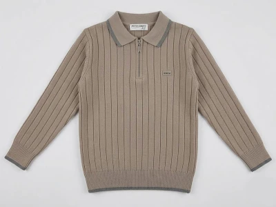 Toptan METEX Çizgili Yakalı Fermuarlı Triko Erkek Sweat  BEJ - Beniz Bebe