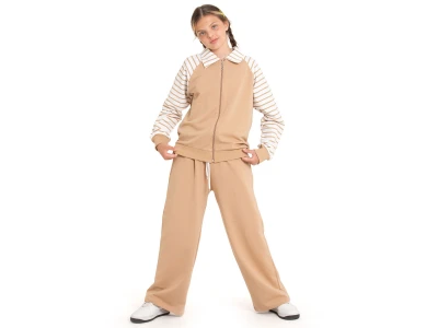 Toptan COOL KİDS Çizgili Yakalı Hırkalı 2'li Kız Takım  - Toptan Çocuk Giyim Beniz Kids
