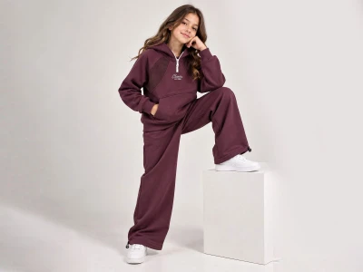 Toptan ÖZ BEBE Classic Baskılı Kapşonlu Kız Takım BORDO - Beniz Bebe