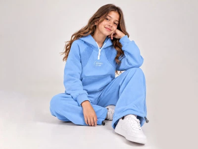 Toptan ÖZ BEBE Classic Baskılı Kapşonlu Kız Takım MAVİ - Beniz Bebe