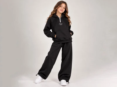 Toptan ÖZ BEBE Classic Baskılı Kapşonlu Kız Takım SİYAH - Beniz Bebe