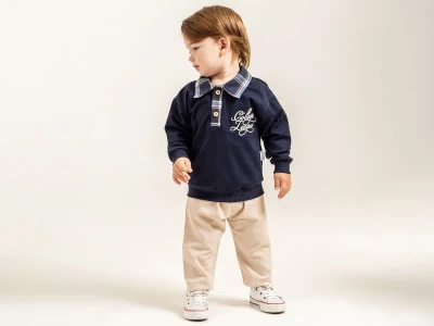 Toptan ÇITIR KİDS College Nakışlı Düğmeli Yakalı Erkek Bebe Takım  - Toptan Çocuk Giyim Beniz Kids
