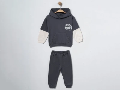 Toptan ÇITIR KİDS Cool Vibes Baskılı Kapşonlu Kanguru Cepli Erkek Bebe Takım  FÜME - Beniz Bebe