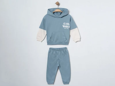 Toptan ÇITIR KİDS Cool Vibes Baskılı Kapşonlu Kanguru Cepli Erkek Bebe Takım  MAVİ - Beniz Bebe