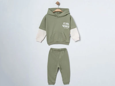 Toptan ÇITIR KİDS Cool Vibes Baskılı Kapşonlu Kanguru Cepli Erkek Bebe Takım  YEŞİL - Beniz Bebe