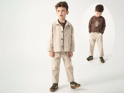 Toptan LESSOTTO Core Baskılı Cepli Ceketli Erkek Üçlü Takım  Beige - Beniz Bebe