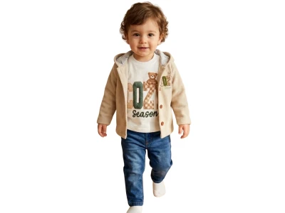 Cozy Baskılı Hırkalı Erkek Bebe Üçlü Takım 