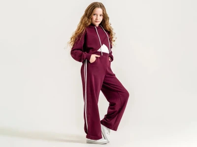 Toptan ÖZ BEBE Crop Detaylı Kapşonlu Cepli Kız Takım  MÜRDÜM - Beniz Bebe