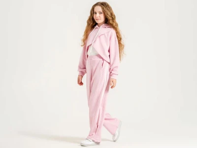 Toptan ÖZ BEBE Crop Detaylı Kapşonlu Cepli Kız Takım  PEMBE - Beniz Bebe