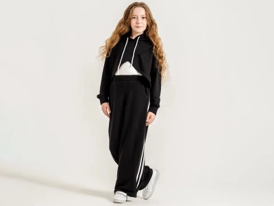 Toptan ÖZ BEBE Crop Detaylı Kapşonlu Cepli Kız Takım  SİYAH - Beniz Bebe