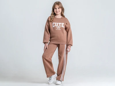 Toptan PAMPAL KİDS Cute Baskılı Taş Detaylı 3 İp Şardonlu Kız Takım  - Toptan Çocuk Giyim Beniz Kids